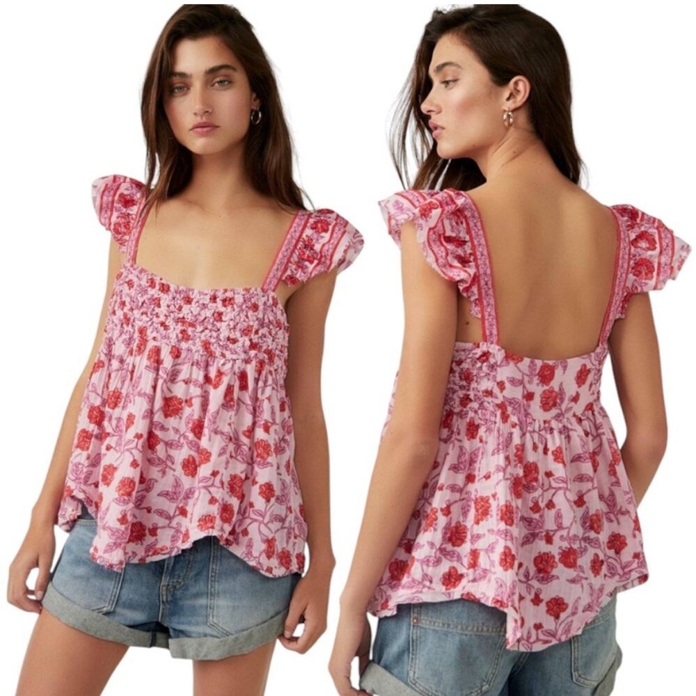 Free People Smocked Flutter Sleeve Blouse in Pink and Red